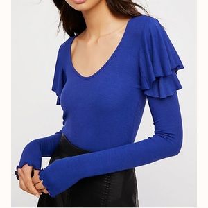 Free People | Blue Ruffle Long Sleeve | Size XS